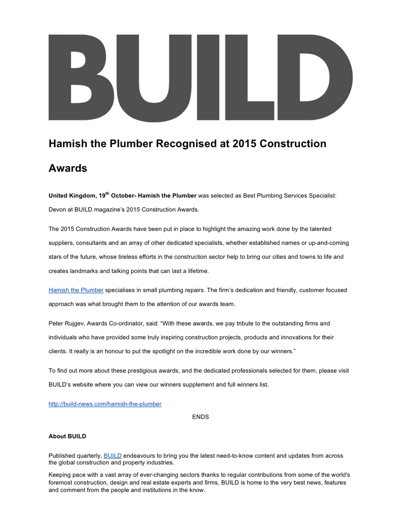  Press Release for Hamish the Plumber, winner of Best Plumbing Services Specialist 