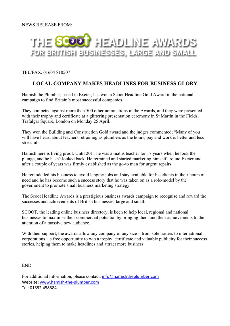  Scoot Press Release for Hamish the Plumber 